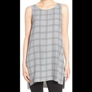 Eileen Fisher Georgette tunic dress women’s M gray plaid 100% silk quiet luxury